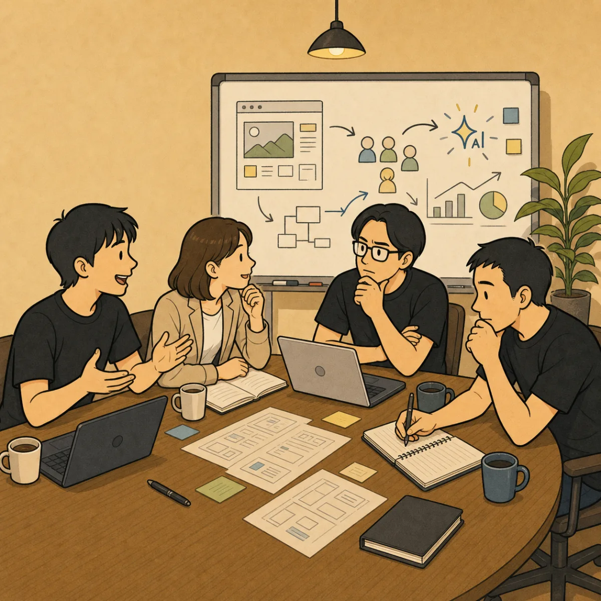ボイスアップラボの3人とクライアントが会議テーブルを囲み、ホワイトボードに描いたユーザー価値を見ながら話し合う様子