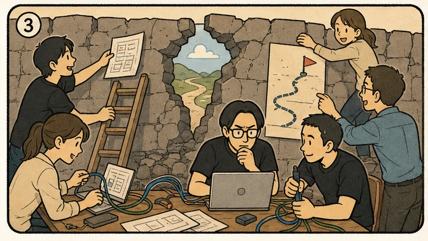 壁にハシゴをかけたり横に抜け道を描いたりして、クライアントのエンジニアと一緒に乗り越えようとする様子