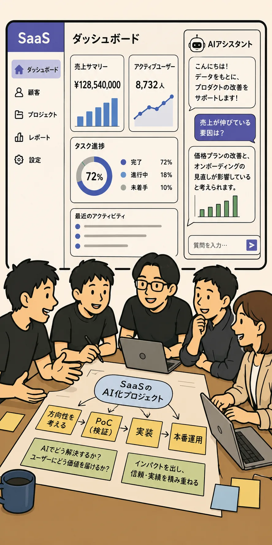 SaaS プロダクトの AI ダッシュボードを背景に、メンバーとクライアントがテーブルを囲み、方向性→PoC→実装→本番運用のロードマップを見ながら SaaS の AI 化を話し合う様子